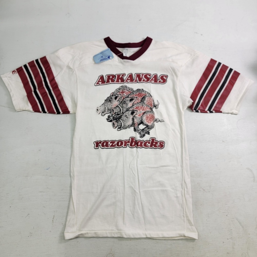 Vintage 70s 80s Arkansas Razorbacks T-Shirt Mens Sz M Triple Hog Logo White Bike
